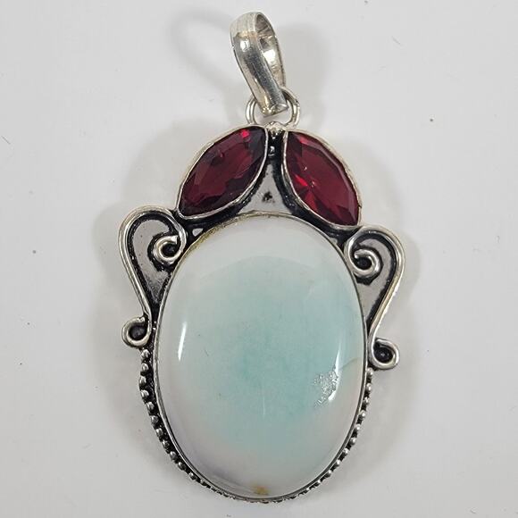 Larimar Pendant Necklace – With Garnet Accents + 20" Silver Snake Chain - Picture 1 of 10